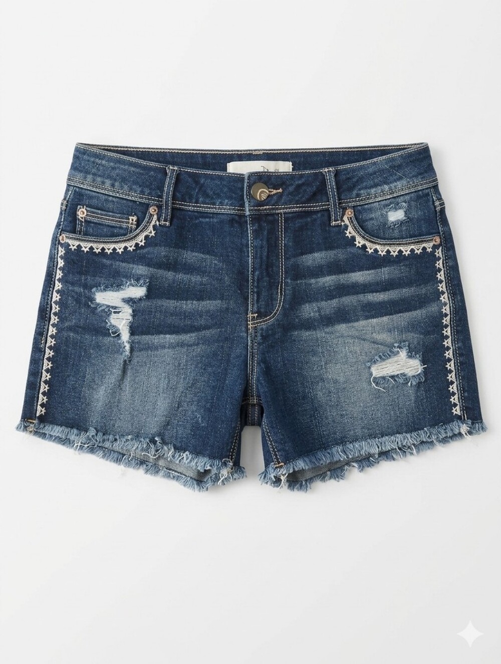 EST. 1948 Denim Distressed Frayed Jean Shorts Embroidery Trim Size 4